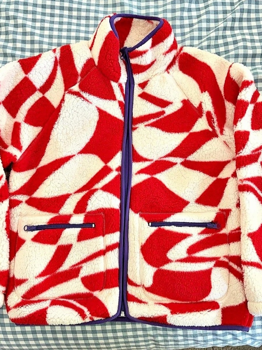 Forever 21 Abstract Fleece Sherpa Jacket in Red & Cream